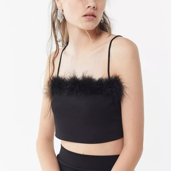 Urban Outfitters Tops - Urban Outfitters Time After Time Feather Trim Tank Top Black size large
